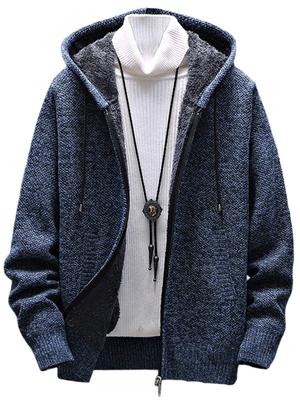 [LUXIA FILL] Knit Hoodie, Blue, 2XL, Large Size, Trendy, Long Sleeves, Fluffy, Warm, Boa Lining, Zipper, Cool, Stylish, Sporty, Plain, Dance, Hip Hop