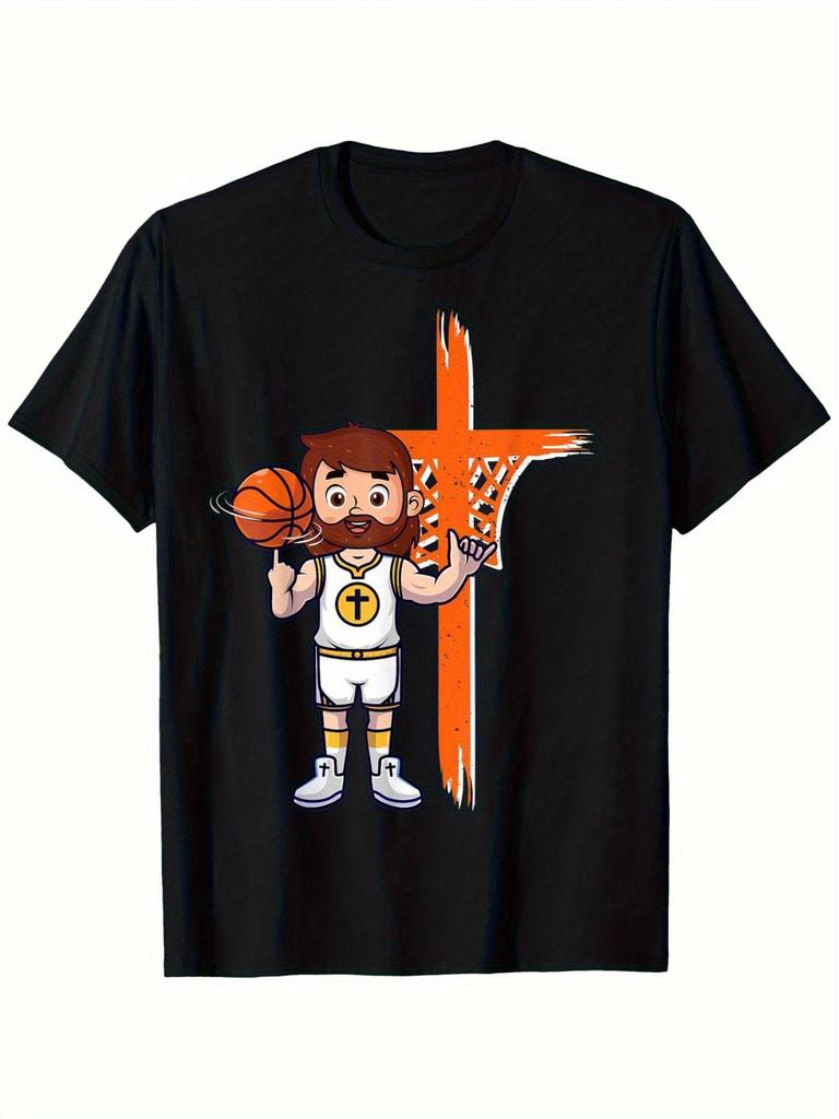 Jesus Basketball Graphic Tee Funny Religious Cross Print Casual Cotton Round Neck T-Shirt For Men