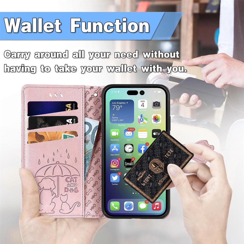 iPhone 16 Flip Leather Case - PU Embossed Cat Dog Design - Compatible with Apple 15