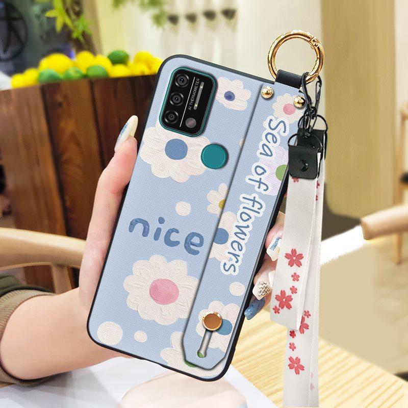 Silicone Waterproof Phone Case For UMIDIGI A9 Protective Oil Painting Flower Wrist Strap Kickstand Dirt-resistant Ring
