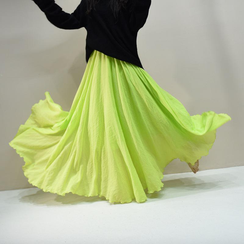 Mori Girl Cotton Linen A-Line Skirt: Elastic Waist, Long Solid Color, National Style Swing
