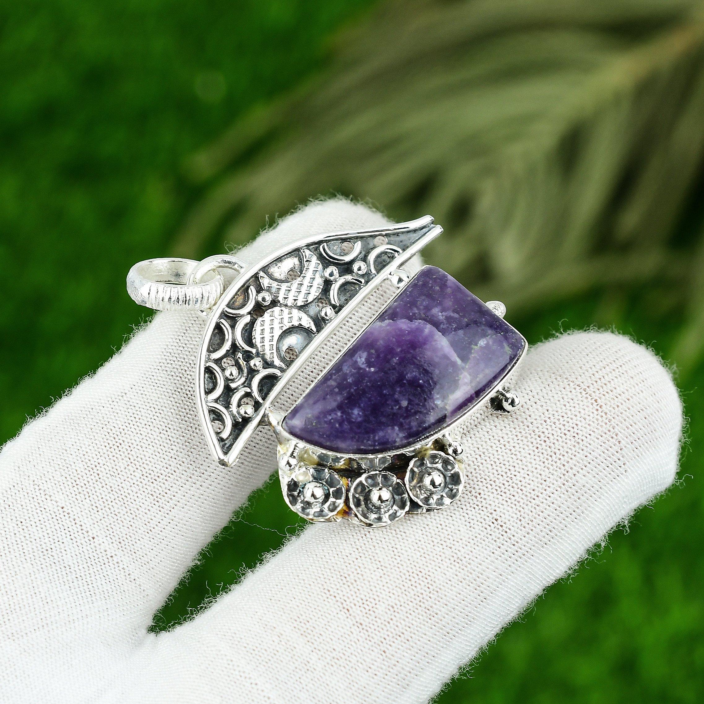 

925 Sterling Silver Chevron Amethyst Stone Art Deco Sister Bezel Pendant Jewelry