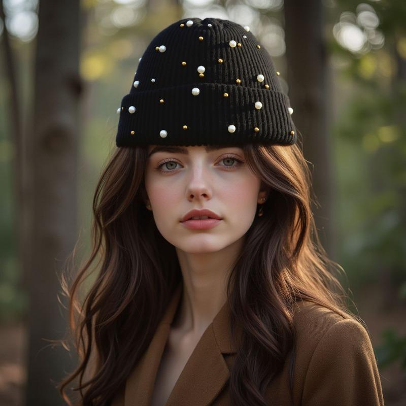 Autumn and Winter Fashionable Solid Color Keep Warm Rhinestone Pearls Knitting Hat Women Rivet Versatile No Eaves Pullover Hat