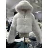 Women's White Faux Fur Cropped Hoodie Jacket Luxury Warm Winter Coat