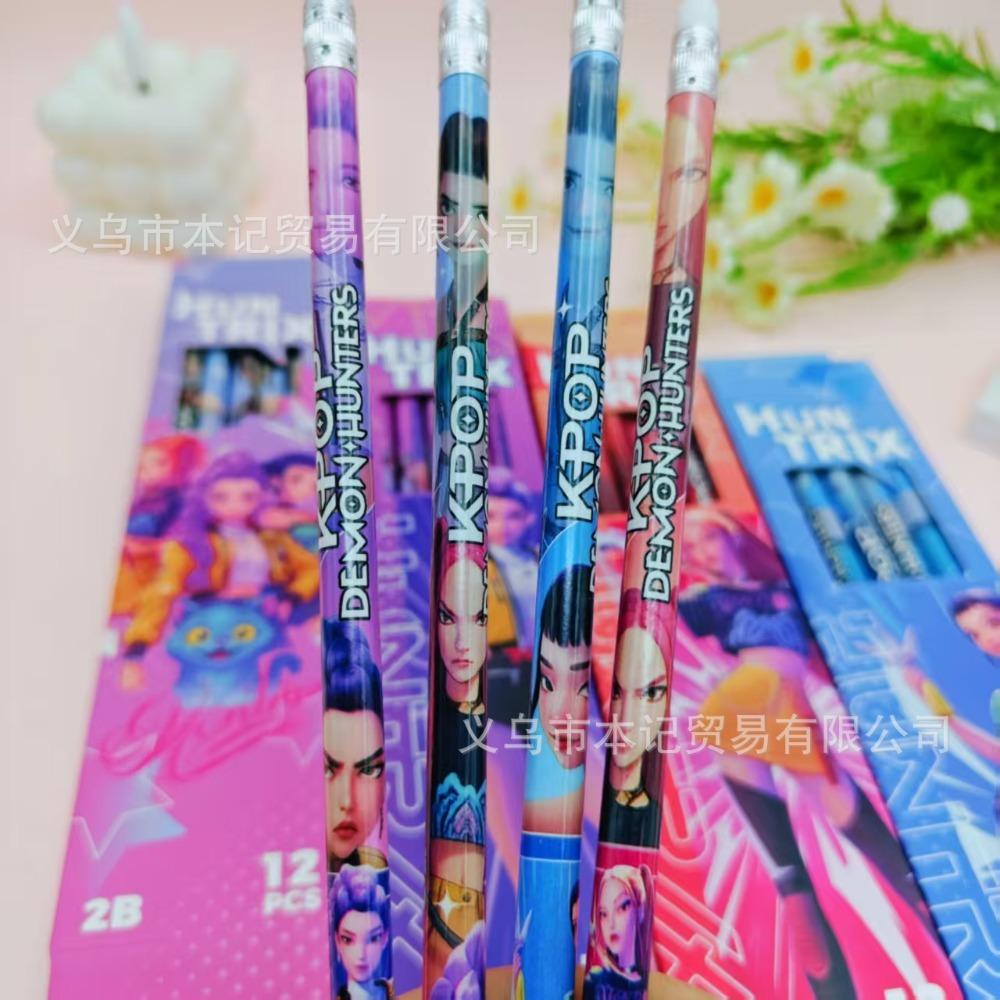 12Pcs Kpop Demon Hunters Huntrix 2B Pencils Set Wood Graphite Sketch Pencils Smooth Writing for School Office Drawing Sketching