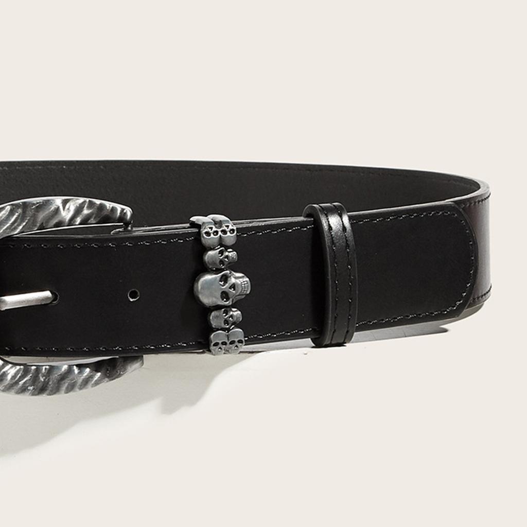 Men's Skull Buckle Waist Belt Gothic Adjustable Wide Waistband PU Leather Waist Strap for Casual Outfit and Street Wear