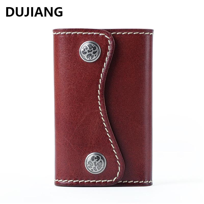 Genuine Leather Key Case & Card Holder with Snap Button - Large Capacity, Multi-Functional Vegetable Tanned Cowhide Storage Bag