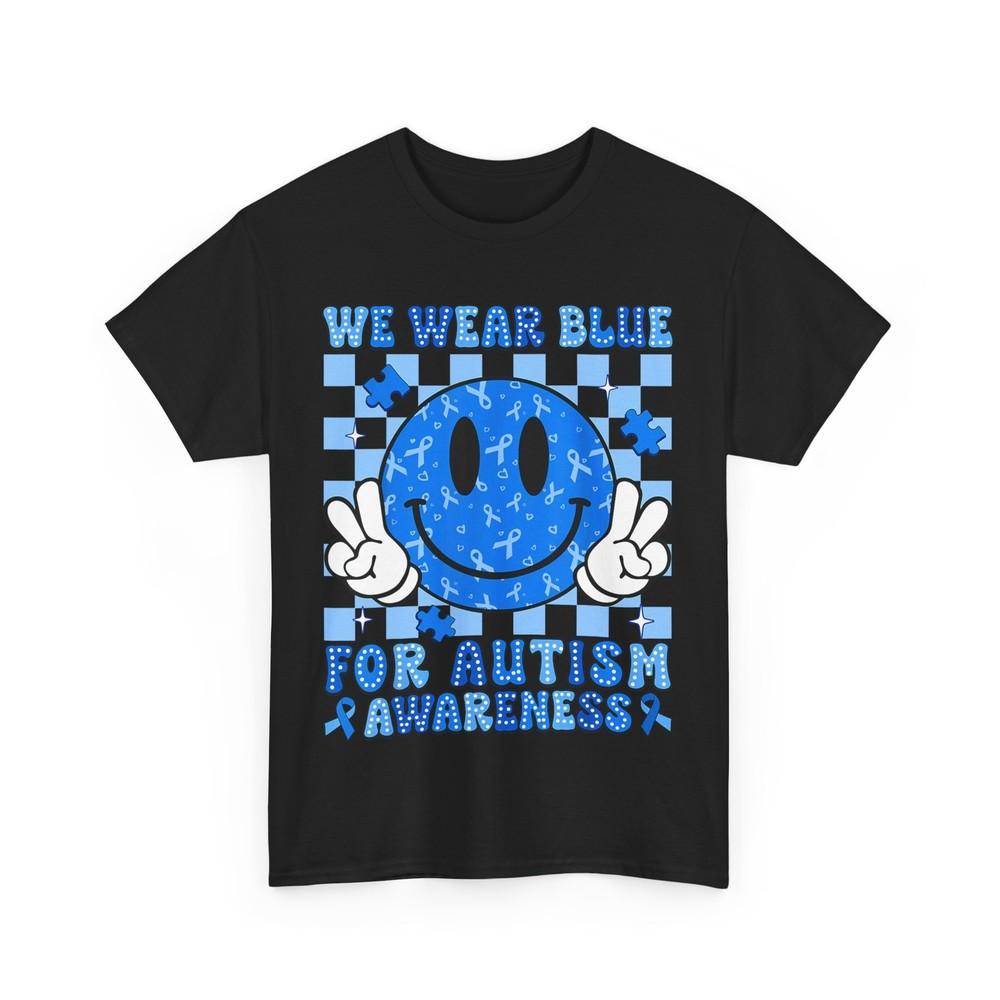 We Wear Blue For Autism Awareness Shirt, Autism Awareness Blue Ribbon Shirt Unisex T-Shirt S