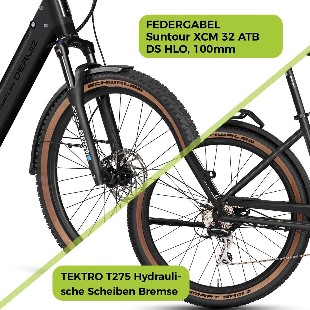 Bicicleta Elétrica DERUIZ Preta SUV 27.5" Bicicleta Elétrica MTB para Adultos, Motor 250W, Bateria 48v 13.4Ah, Freios a Disco Hidráulicos Até 161km