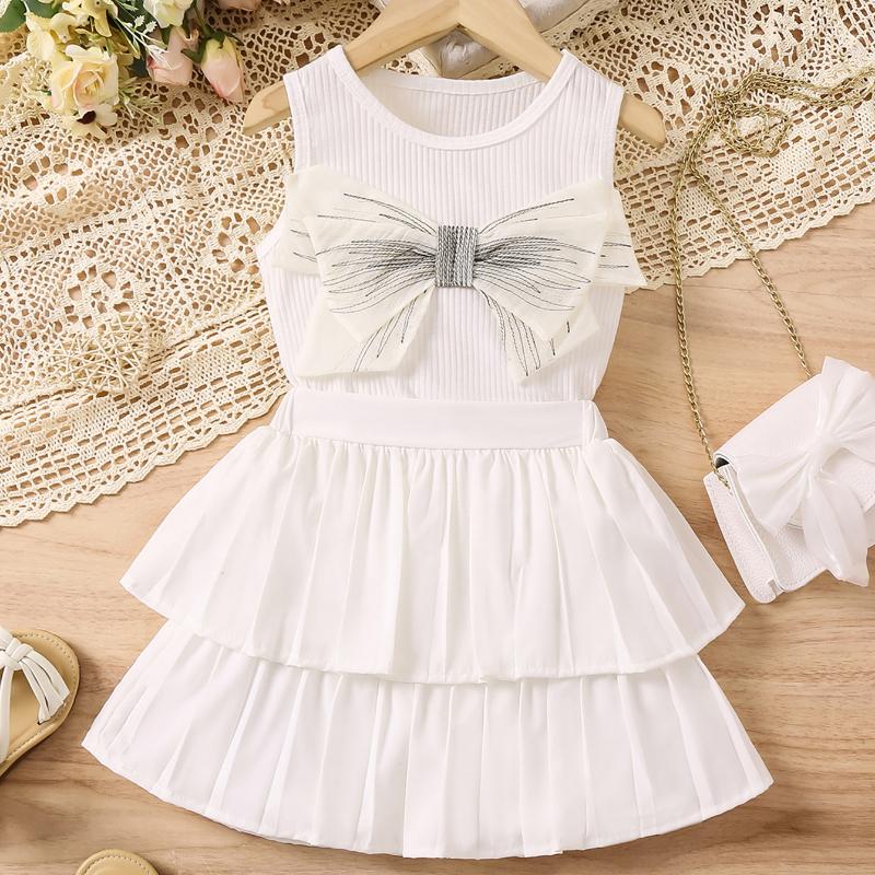 Summer Girls' Fashion Set, Children's Casual Sleeveless Round-neck Bow Top, Solid-color Culottes and Trousers Two-piece Set