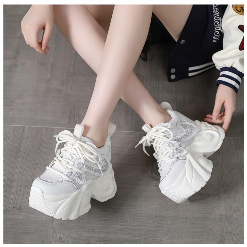 Fashion Platform Bling Sequine Sneaker Boots 10cm Height Increasing Lace Up Autumn Winter Women Shoes Thick Botton Sole Boots