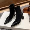 7CM French niche splicing elastic thin boots 2025 autumn and winter new pointed thick heel rear zipper high heel short boots