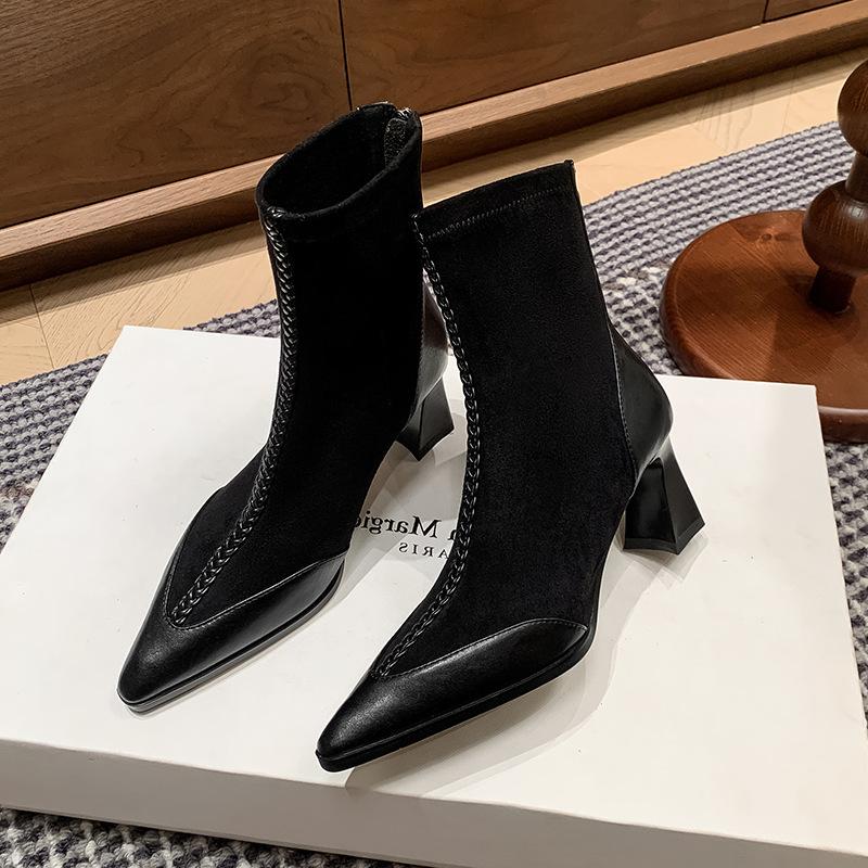 7CM French Niche Splicing Elastic Thin Boots 2025 Autumn and Winter New Pointed Thick Heel Rear Zipper High Heel Short Boots