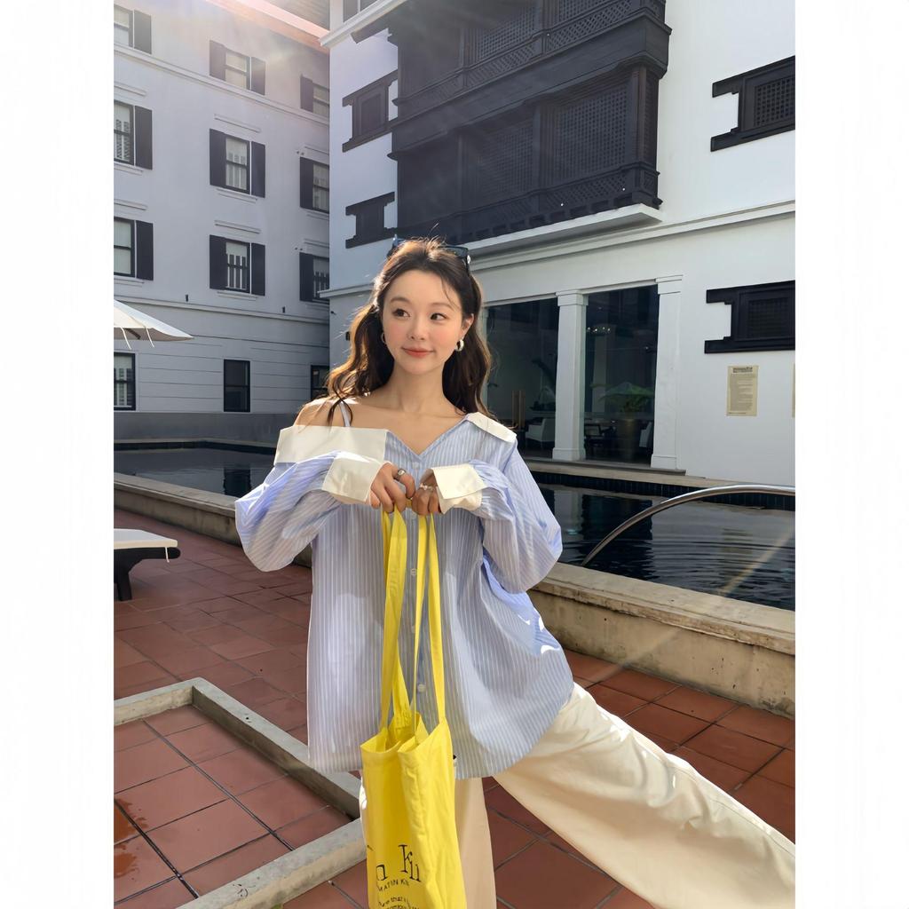 Thirteen Lines Spring 2025 French Style Off-Shoulder Striped Shirt for Women C3056