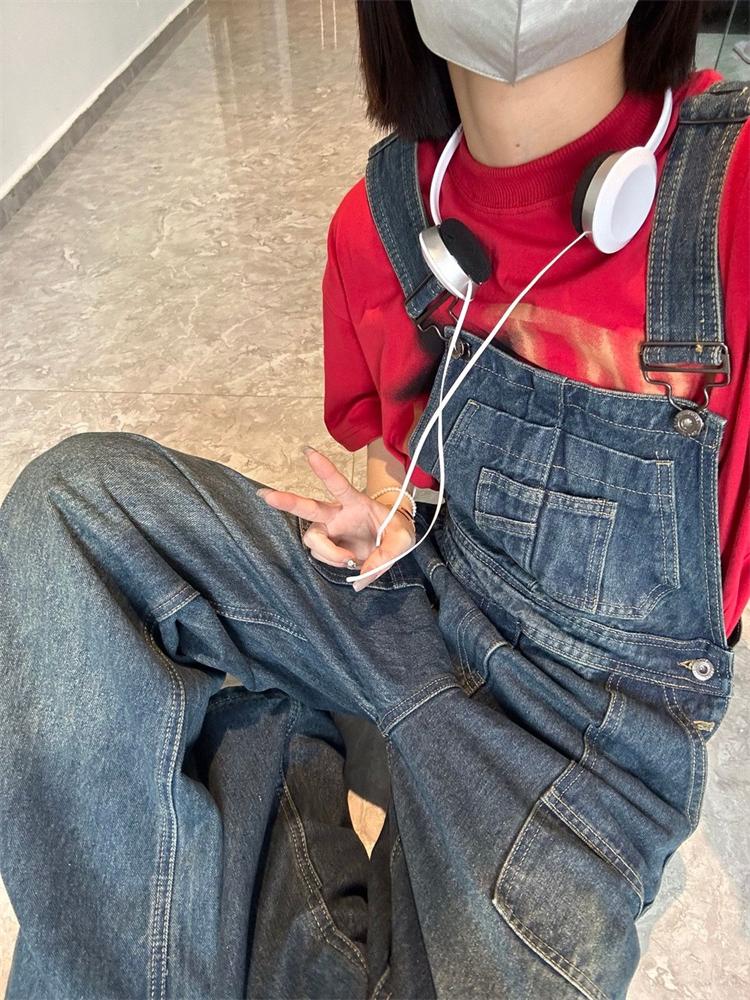 Salopetă vintage cu bretele, pantaloni largi, femei, fete tinere, stil academic, dulci, salopete largi, pentru femei, retro, ocazional, pantaloni drepti din denim