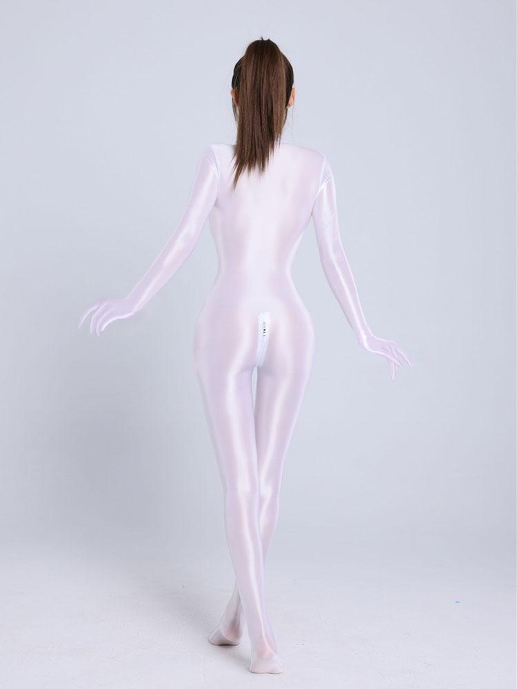 Doppelreißverschluss Offener Schritt Sexy Body Durchsichtige Bodysuits Glänzend Glänzende Strumpfhosen Elastische Formgebende Ganzkörper-Overalls Mit Handschuhen