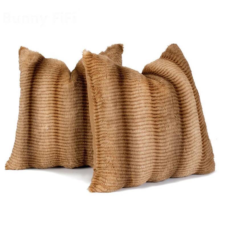 2pcs Luxury Texture Plush Single-Sided Cushion Cover Rabbit Fur Soft Striped Pattern Decorative Throw Pillow Case For Sofa Decor