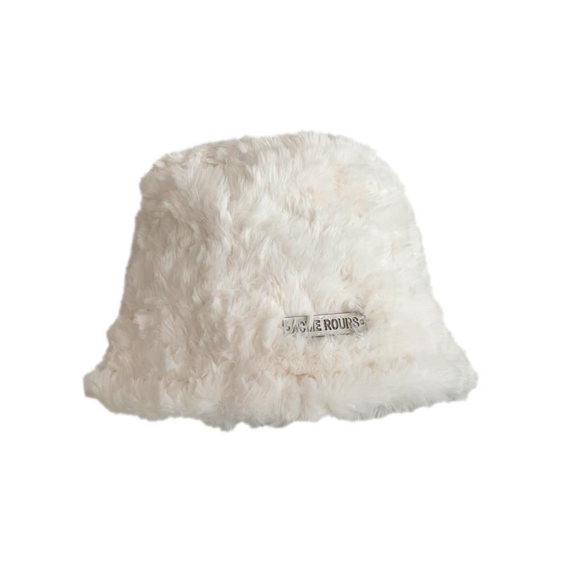 White Korean Style Bucket Hat For Women Warm And Lambswool Cozy