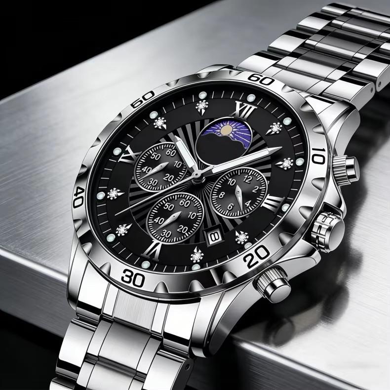 Men's Quartz Watch with Subdials Analog Wristwatch with Date-Display Waterproof Luminous Chronograph Dress Watches Stainless Steel Band