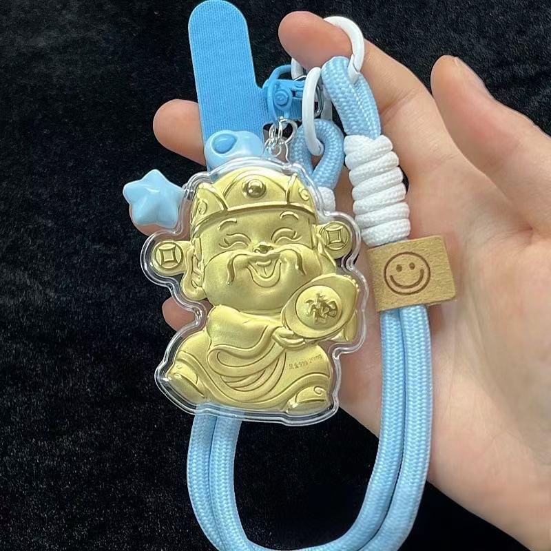 Shuibei 999 Fine Gold Lucky Cat Wealth Ingot Mobile Phone Lanyard & Bag Pendant