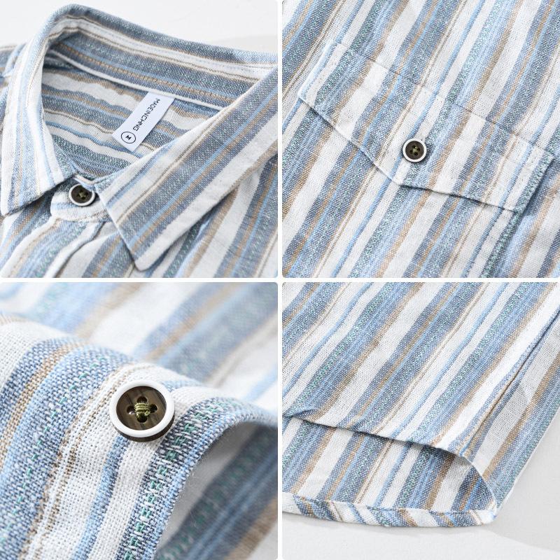 Spring and Summer Cotton Linen Men Tops Japanese Style Vintage Striped Long Sleeve Shirt Male Daily Square Button Shirt with Pocket