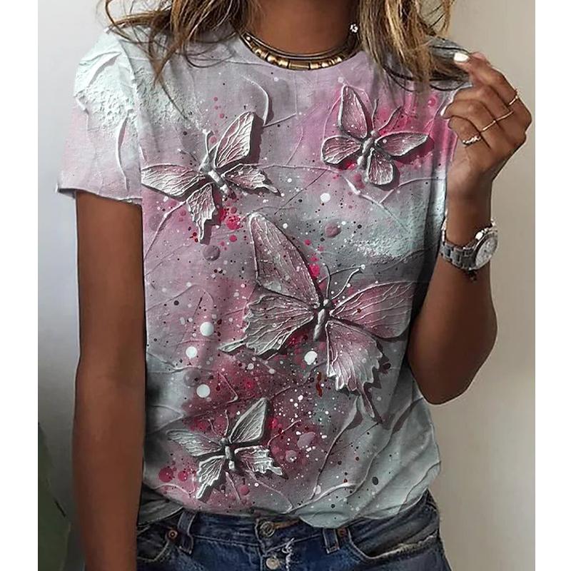 Women Summer T Shirt Trend Butterfly Print Retro Fashion Short Sleeve Tees Casual   Printed  Tops