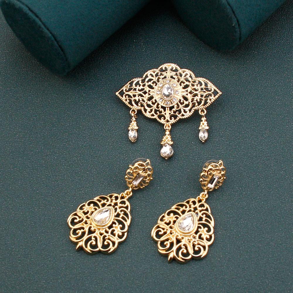 Gold Color Bohemia Women Brooch Earring Sets Bride Jewelry Tassel Brooch Pins Flower Earring