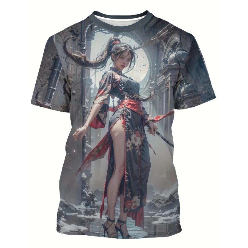 

Мужские футболки с коротким рукавом с 3D-принтом с мультяшным рисунком воительницы, повседневные футболки модного кроя с круглым вырезом и коротким рукавом S