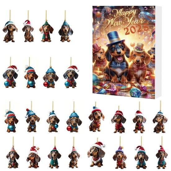 Vánoční adventní kalendář Jezevčík 2025 Odpočítávání 24 dní do Vánoc Dekorace Sběratelská 2D akrylová závěsná sada s přívěsky psa na domácí dekoraci