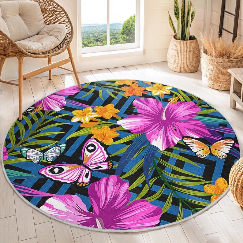 Visual 3D Tropical Hibiscus Plumeria Round Rug Vibrant Floral Carpet Tropical Hibiscus Boho Living Room Bedroom Decoration