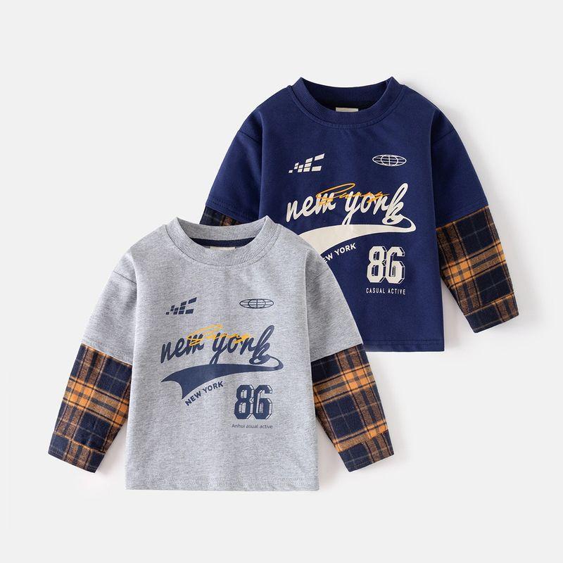 Spring and Autumn Boys' Pure Cotton Fake Two Pieces Long Sleeves T-shirt K-style Children Letters Kids Drop-Shoulder Sleeve Bottoming Shirt