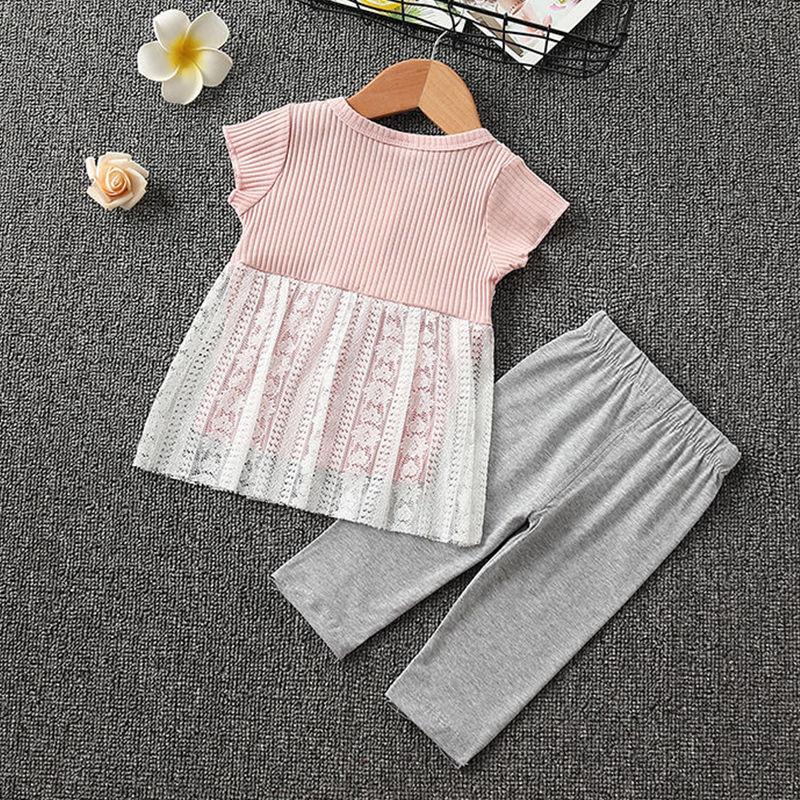 2PCS Children Clothing Set Spring Summer Girls Suits Yarn Short Sleeve Tops + Pants Clothing Set