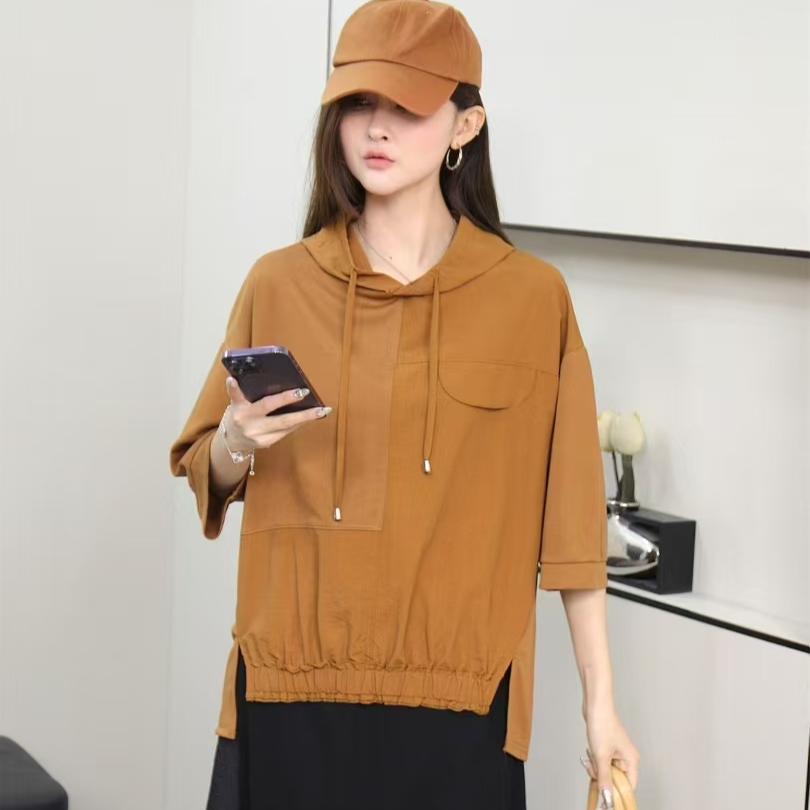 DIMANAF 2025 Mărimi Mari Vară cu Glugă Solidă Pălărie Alb Tricou Femei Mânecă Scurtă Larg Topuri Tricouri