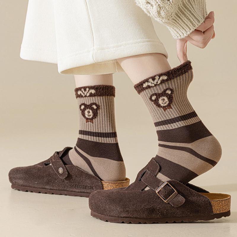 4 Pairs Autumn and Winter New Brown Maillard Socks Women's Light Luxury Style Ins Trendy Socks Love Bear Warm Raw Edge