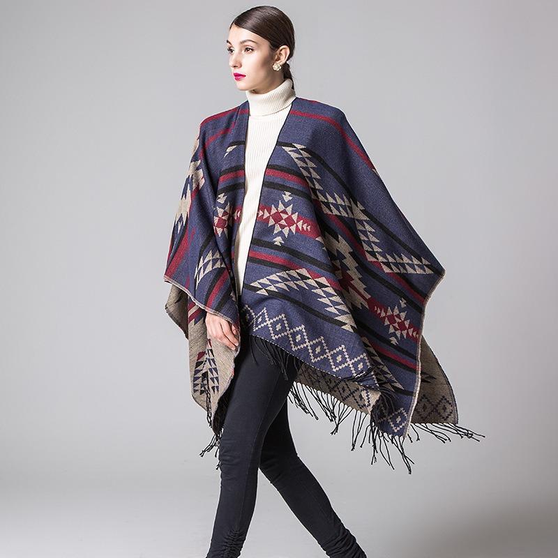 Geometric rhombus tassel lengthened and thickened imitation cashmere autumn and winter travel split shawl cape