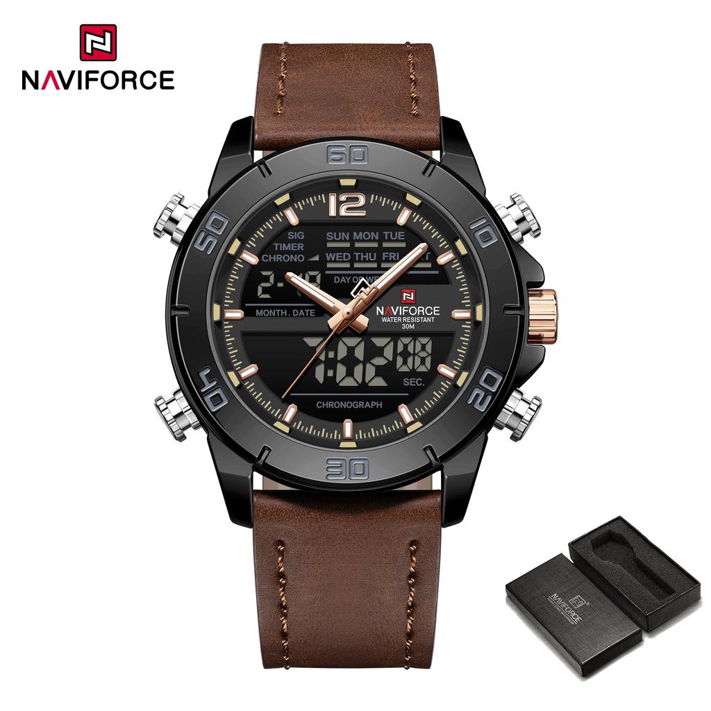 Naviforce Men's Leather Chronograph Quartz Watch Calendar Date 3ATM Waterproof Night Pattern Luminous Pointer Multifunctional Men's Watch NF9253L