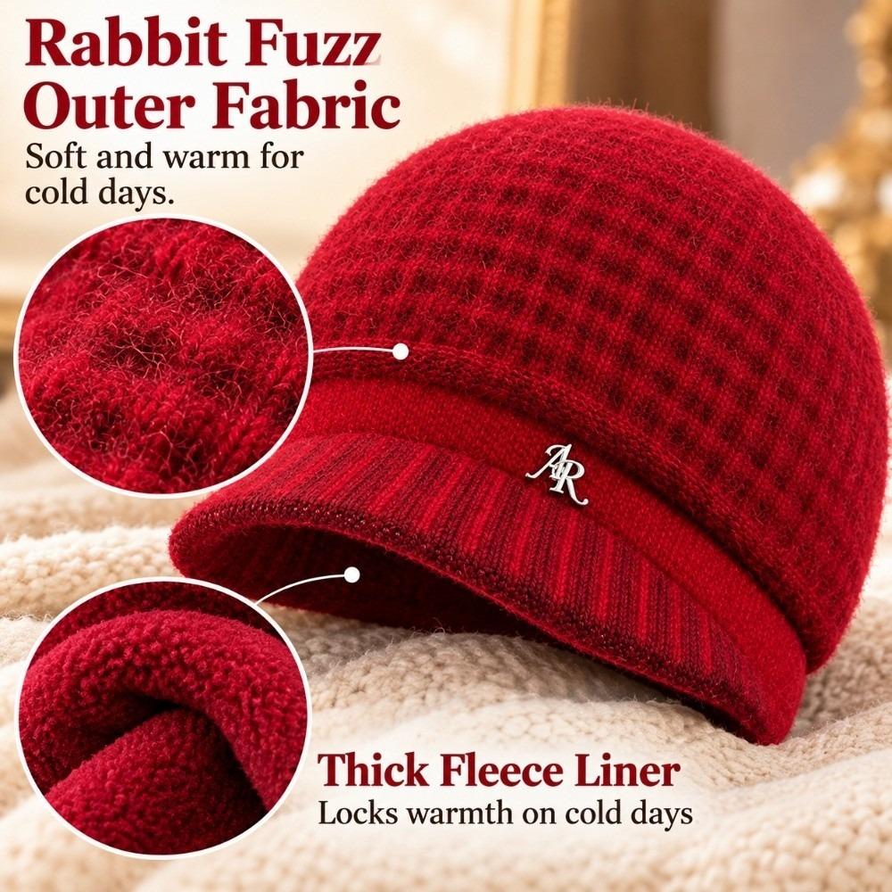 Short Brim Design Knitted Cap Rabbit Fuzz Fabric Fleece Lined Beanie  Mom Daily Accessory