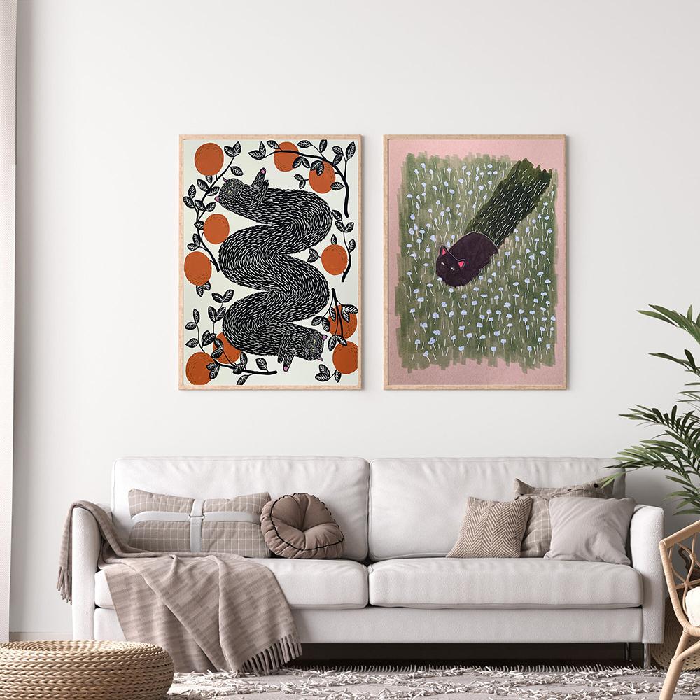 Vintage Abstract Black Cat Poster Four Seasons Flower Food Cat Print Wall Picture Fun Bathroom