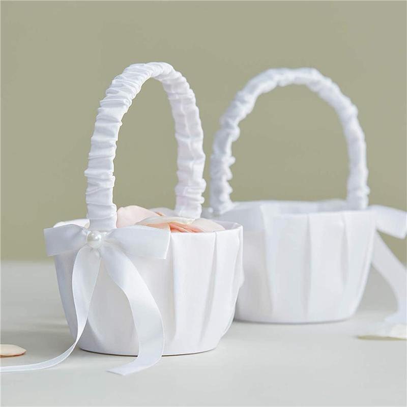 1/2pcs Satin Pearl Knot Flower Basket For Girls, Ring Holder, White Flowers, Wedding Accessories, Ladies Supplies, 2025