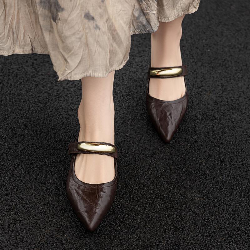 Fashion 2025 Summer Women Mules Genuine Leather Women Shoes Pointed Toe Med Heel Slippers Cover Toe Slingback Sandals Metal Buckle Shoe