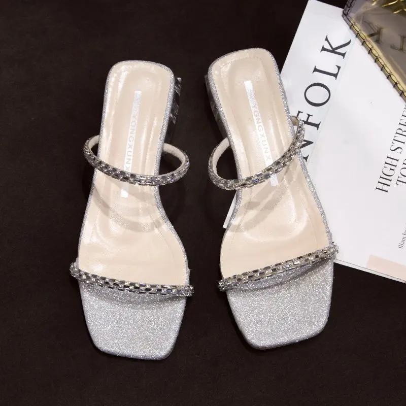

модные летние тапочки из ПВХ со стразами, женская обувь на открытом воздухе, сандалии на плоской подошве, женские тапочки на квадратном каблуке 41 серебряный