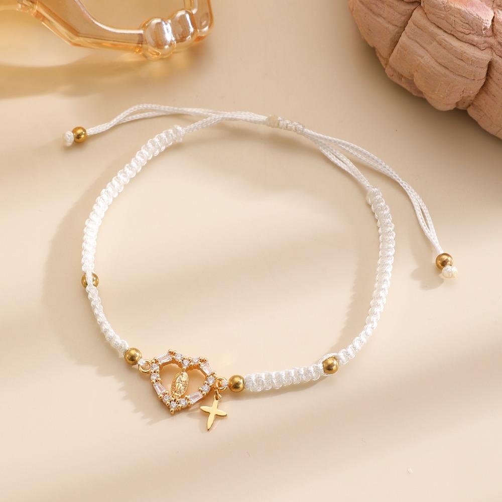 Personality Exquisite Virgin Mary Micro-inlay Zircon Hollow Heart-shaped Cross Pendant Hand-woven Pull Bracelet Women's Jewelry