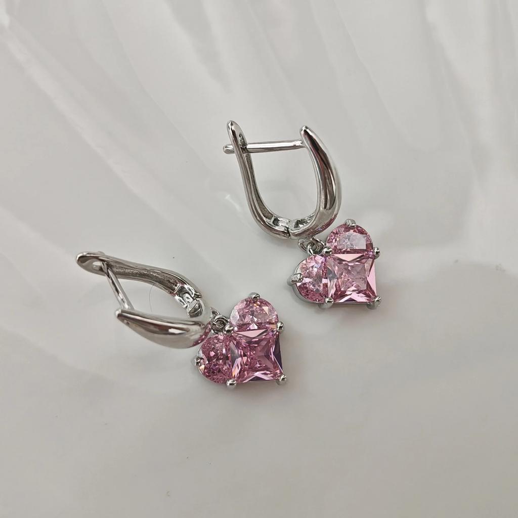 Sweet Pink Love Heart Zircon Pendant Earrings for Women Fashion Y2K Simple Geometric Ear Buckle Party Jewelry Accessories Gifts