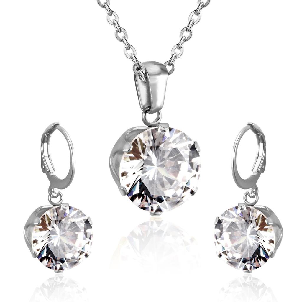 Titanium Steel Round Crystal Rhinestone Necklace And Earrings Set Fashion Jewelry Two Piece