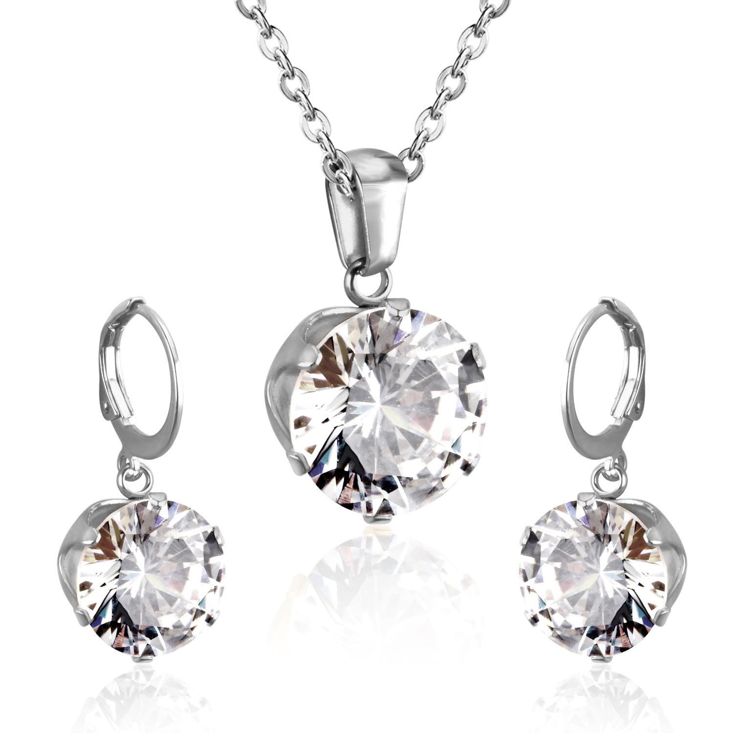 Titanium Steel Round Crystal Rhinestone Necklace And Earrings Set Fashion Jewelry Two Piece