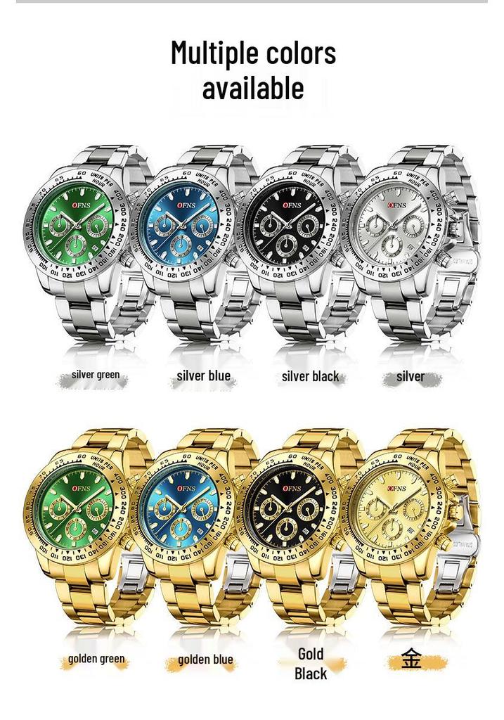OFNS Men's Quartz Watch: Fashionable Business Design, Six-Hand Dial, Calendar, Solid Steel Band, Waterproof.