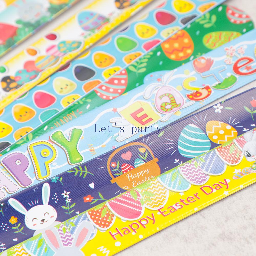 12Pcs Happy Easter Theme Slap Bracelets Eggs Bunny Rabbit Wristband Toy for Kids Birthday Party Favors Easter Gifts Goodie Bag