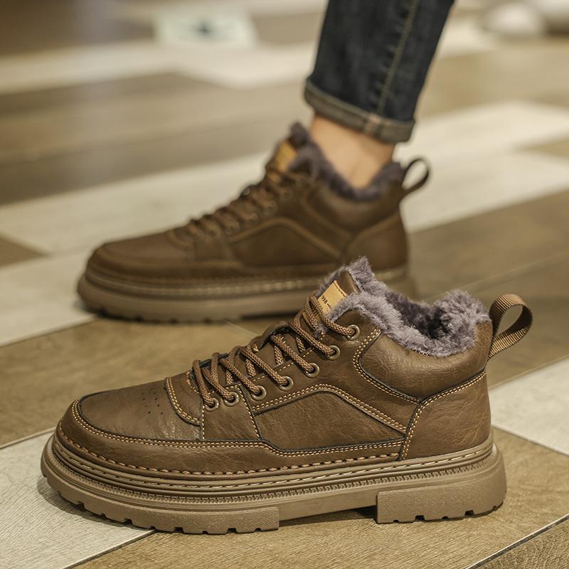 Men's Leather Boots 2025 High Quality Winter Warm Fur Ankle Short Lace-up Thick Bottom Non-Slip Casual Work Mens Shoes