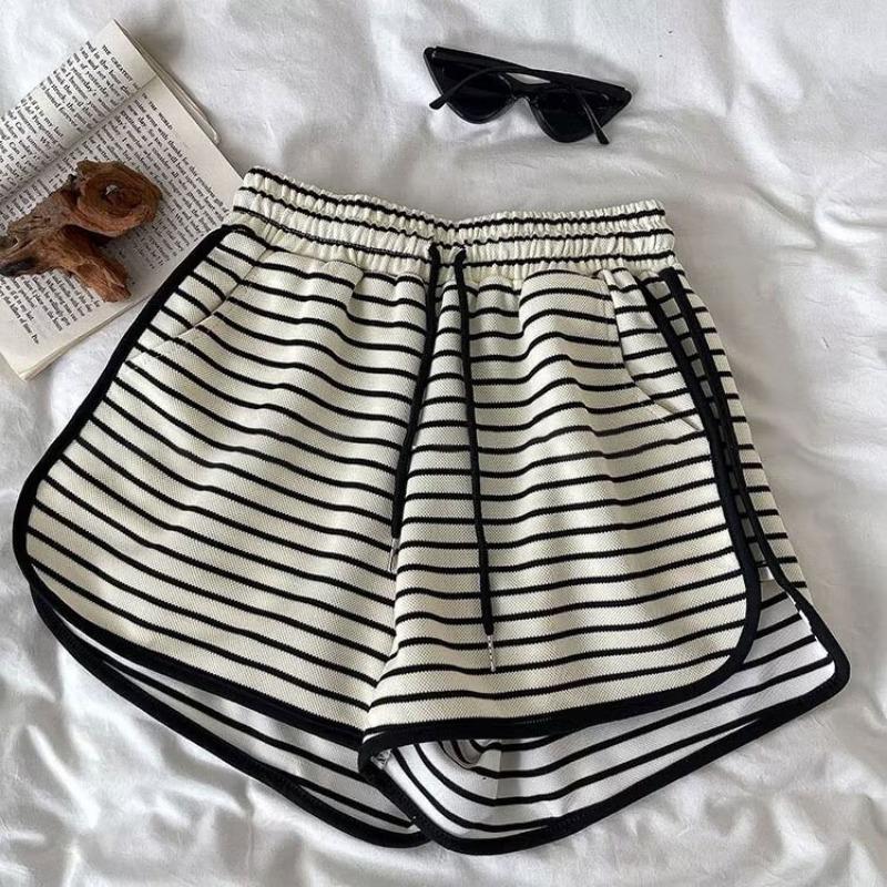 Striped High-waisted Sports Pants Women's Loose Wide Leg Shorts Summer Thin Straight Elastic Waist Ins Casual Pants