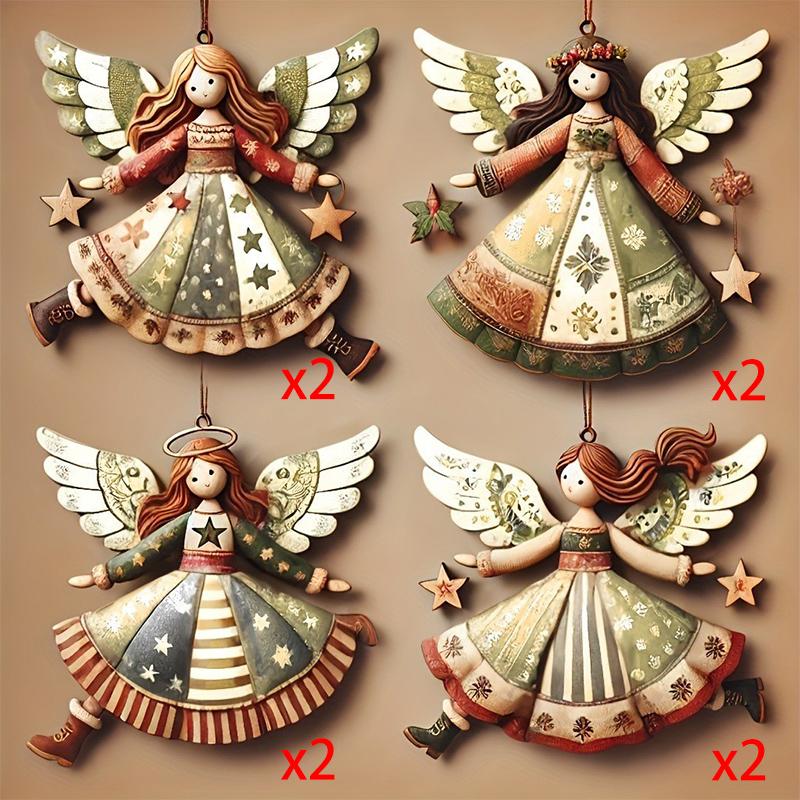 Vintage Christmas Wooden Angel Ornaments Wood Laser-Cut Rustic Christmas Tree Pendant Decorations for Home Xmas Winter Party